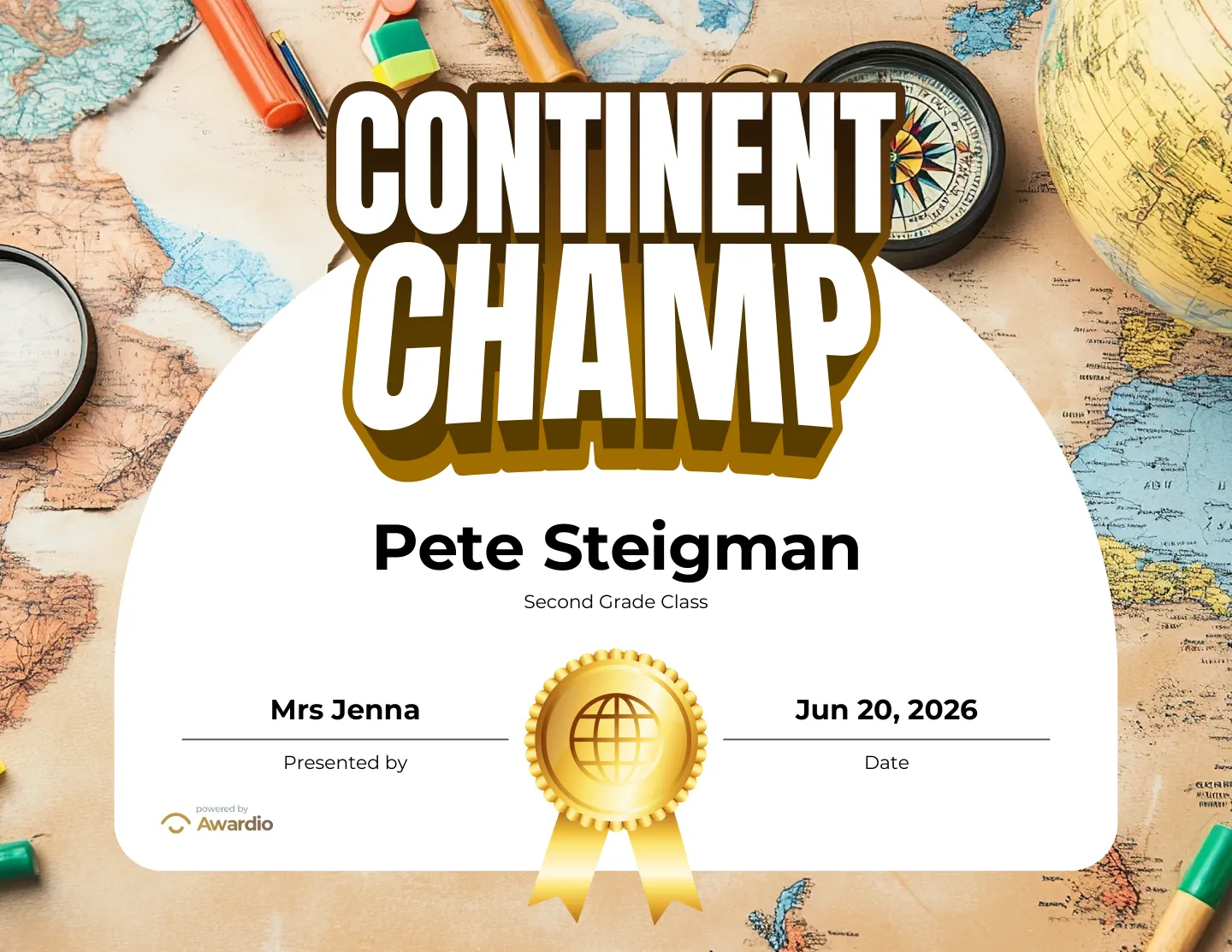 Continent Champ geography award certificate, a free customizable design