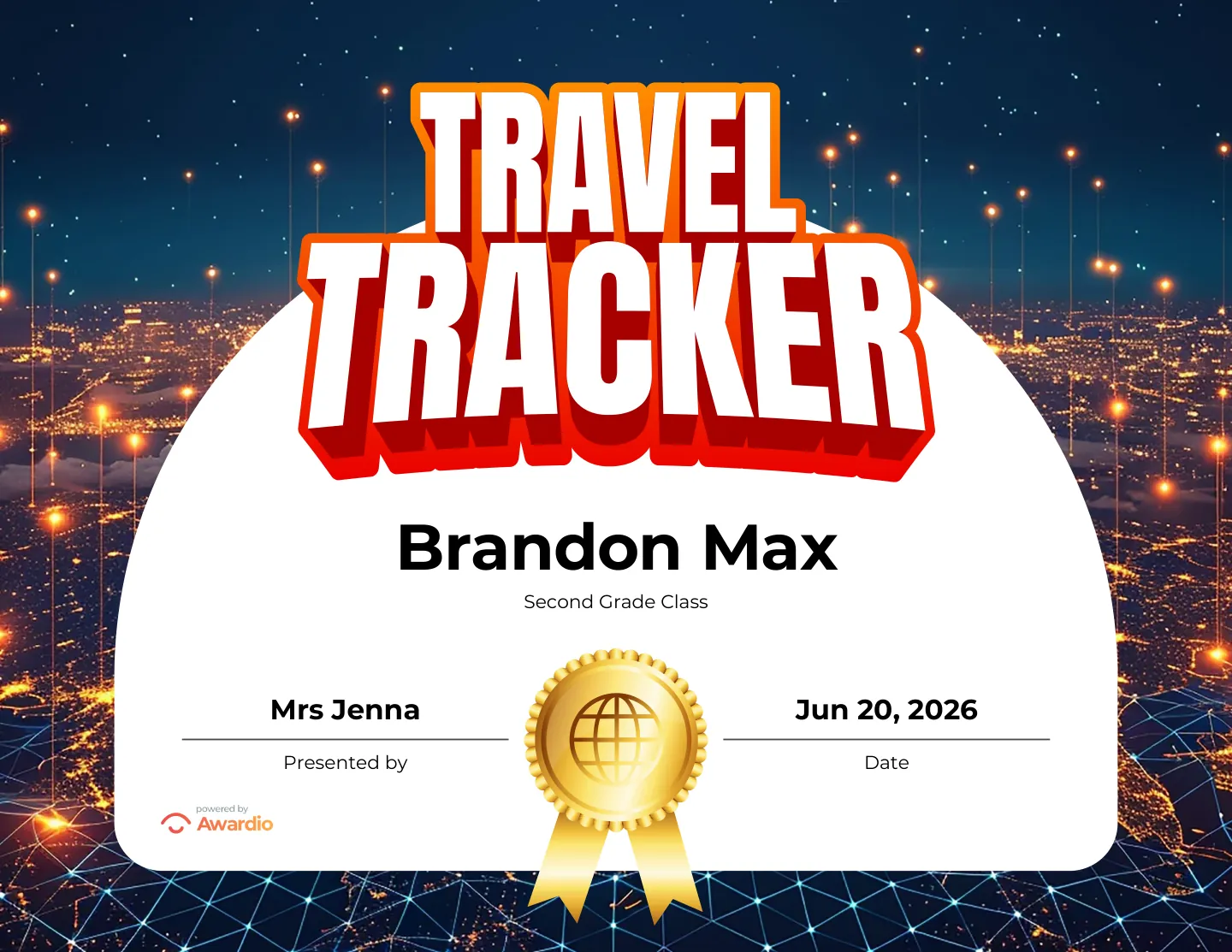 Travel Tracker geography award certificate you can personalize and print