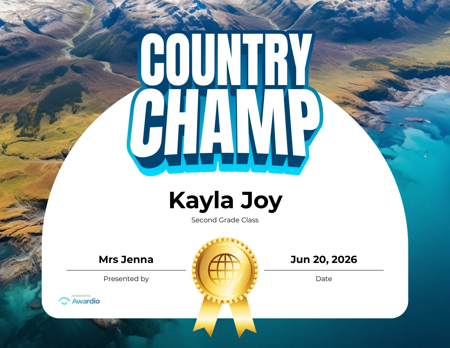 Country Champ geography award certificate for the classroom or to send home to parents