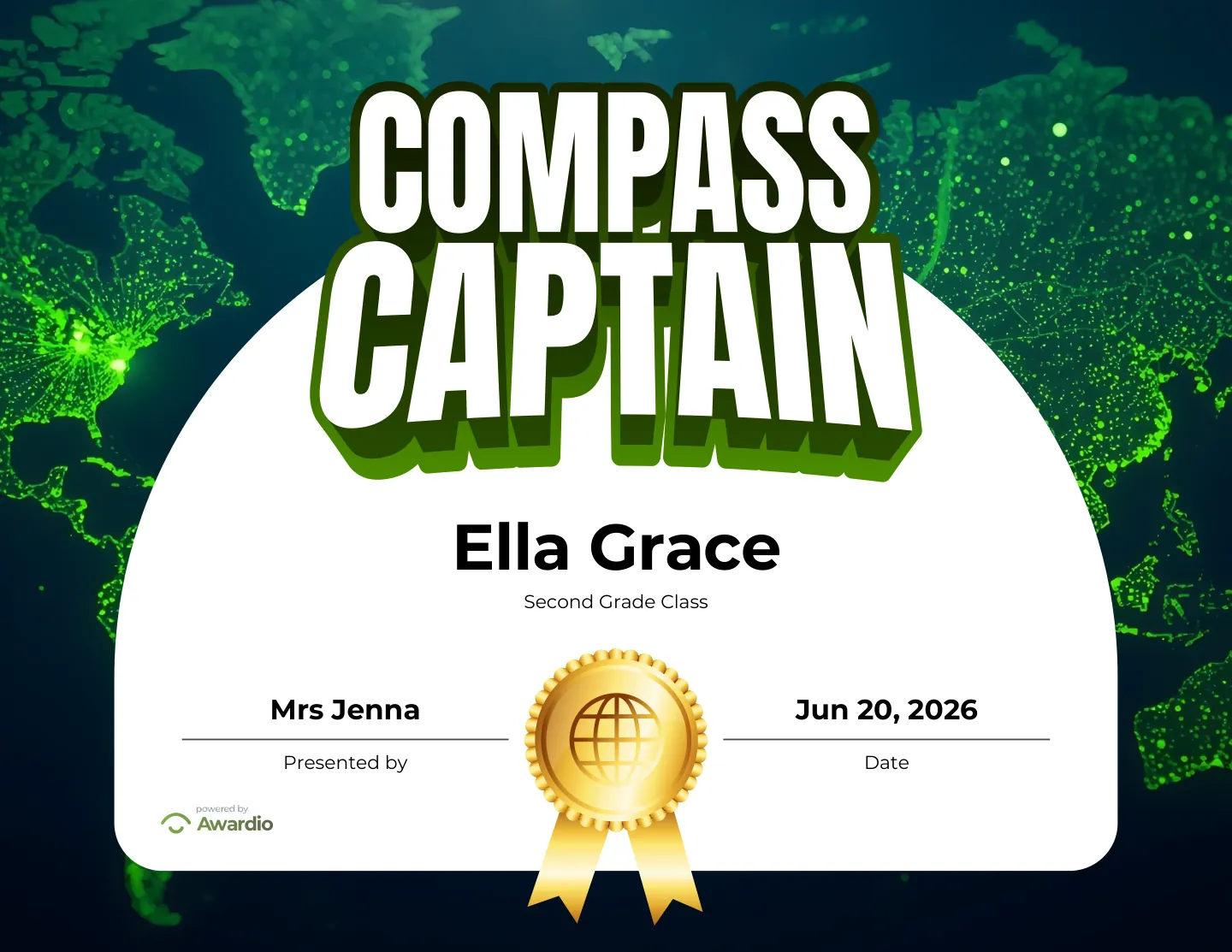Compass Captain geography award certificate made in seconds with the free Awardio app