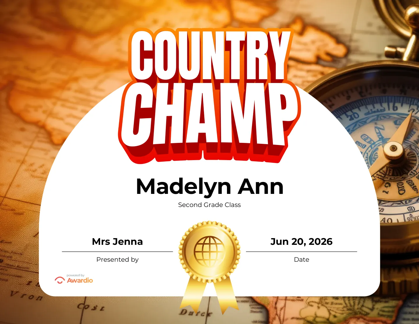 Country Champ geography award certificate, a printable award kids are proud to receive