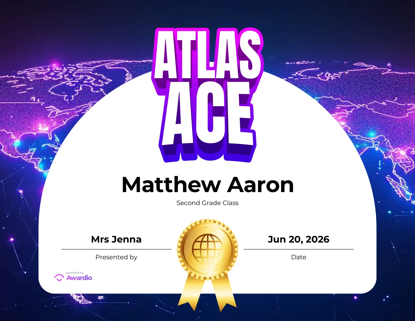 Atlas Ace geography award certificate as a digital keepsake for families
