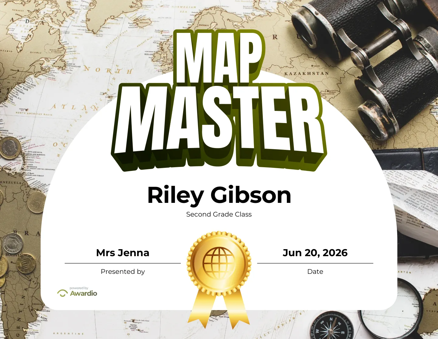 Map Master geography award certificate to recognize a standout student