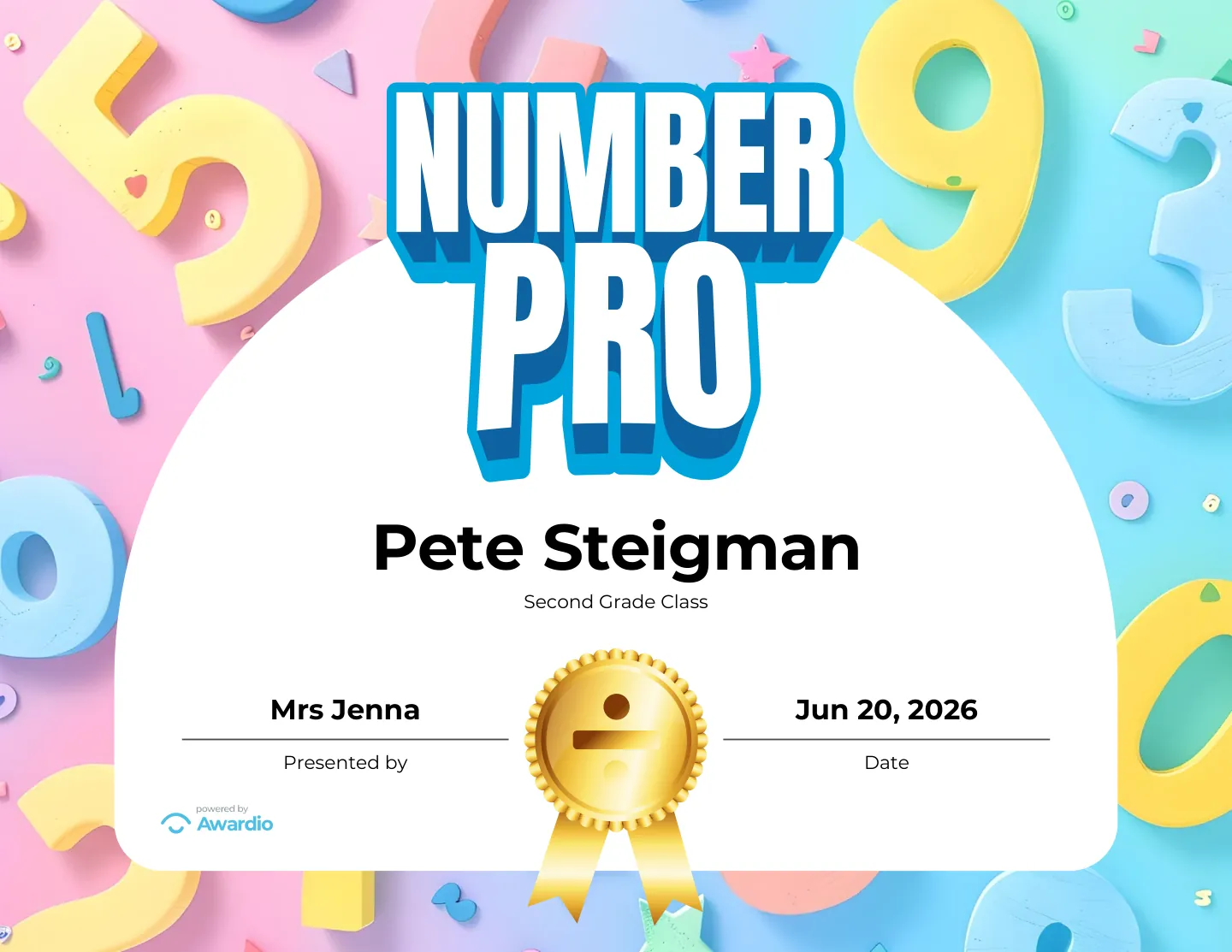 Number Pro math award certificate, a free customizable design