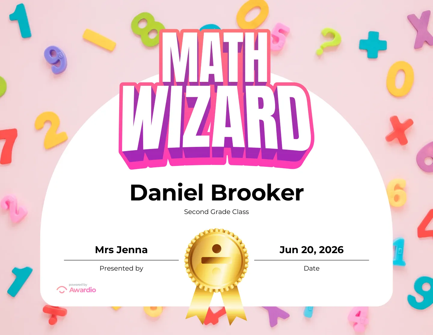 Math Wizard award certificate you can print or share digitally