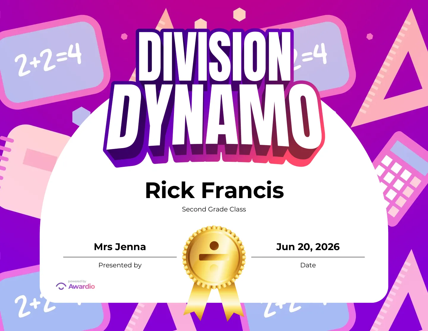 Division Dynamo math award certificate, an award template for teachers and coaches