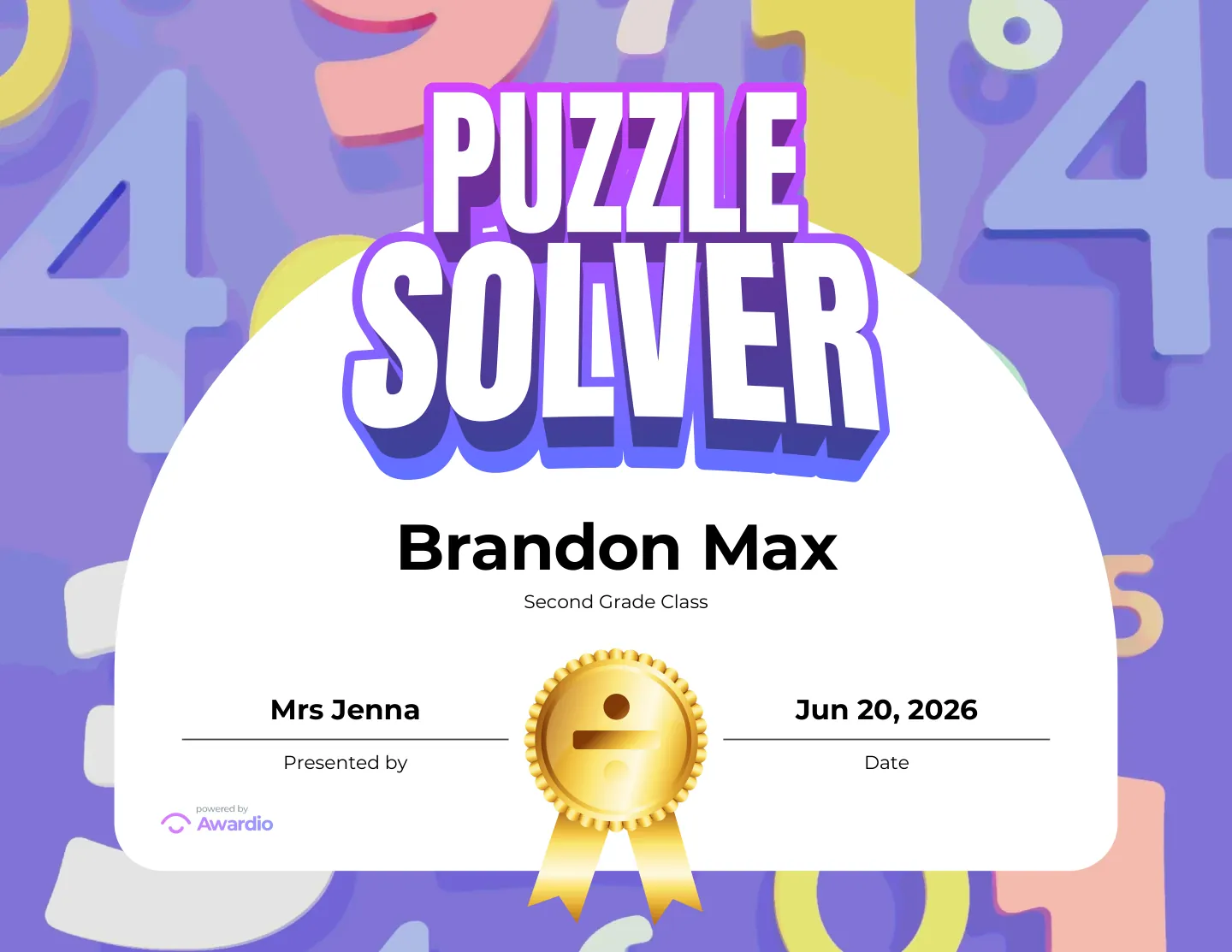 Puzzle Solver math award certificate you can personalize and print