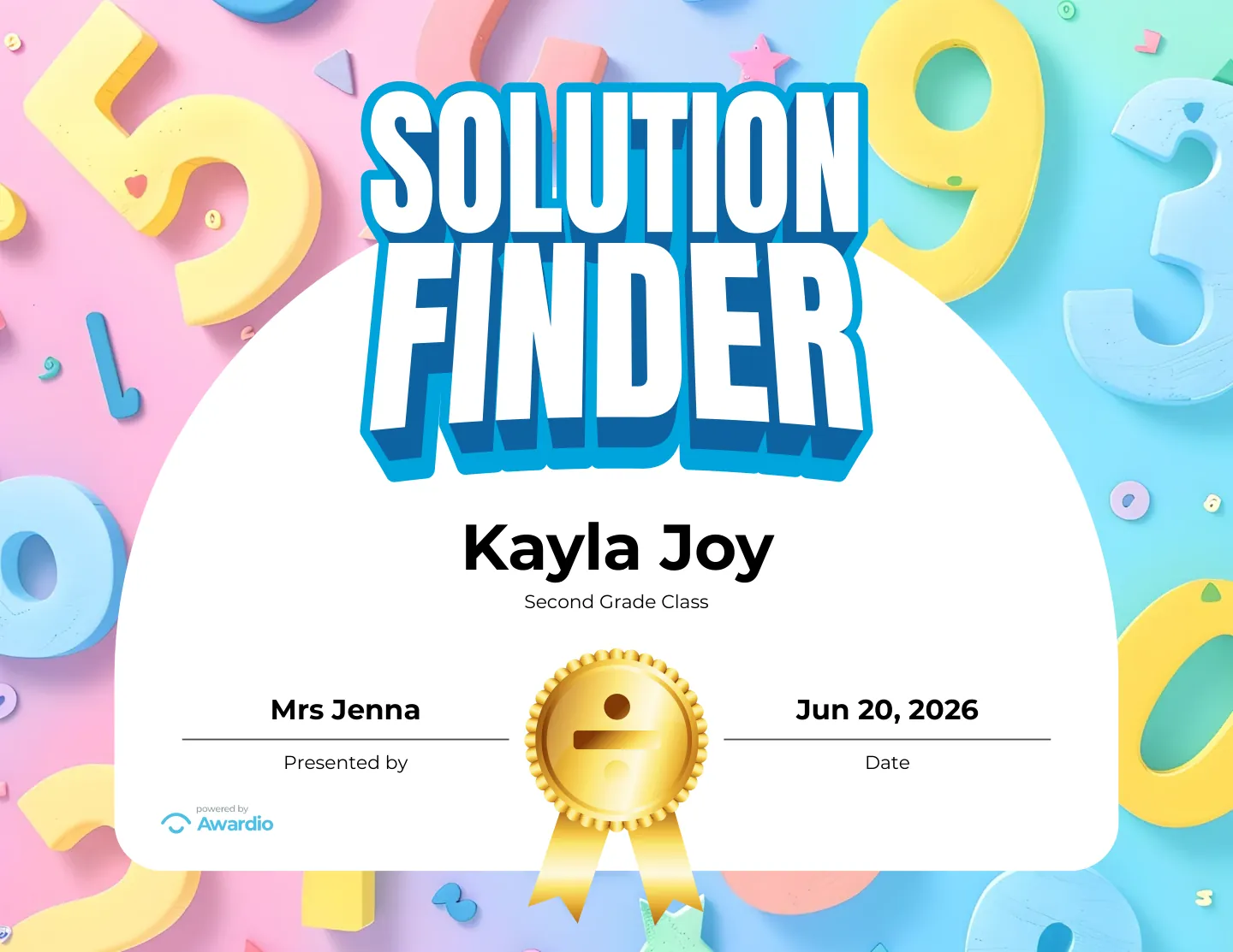 Solution Finder math award certificate for the classroom or to send home to parents