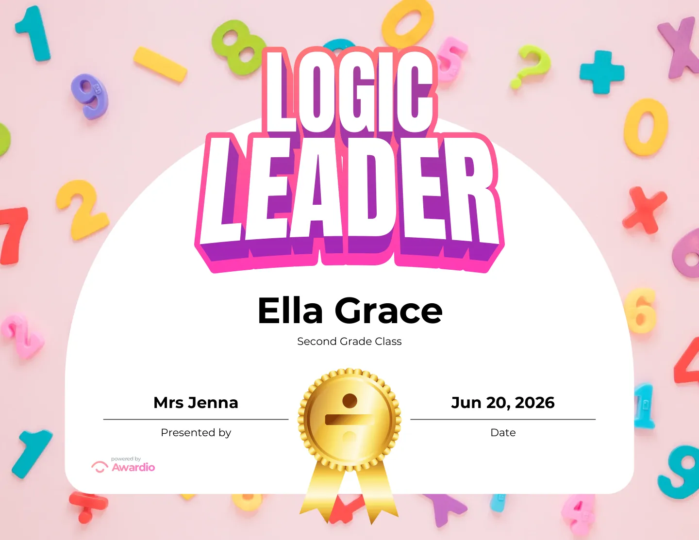 Logic Leader math award certificate made in seconds with the free Awardio app