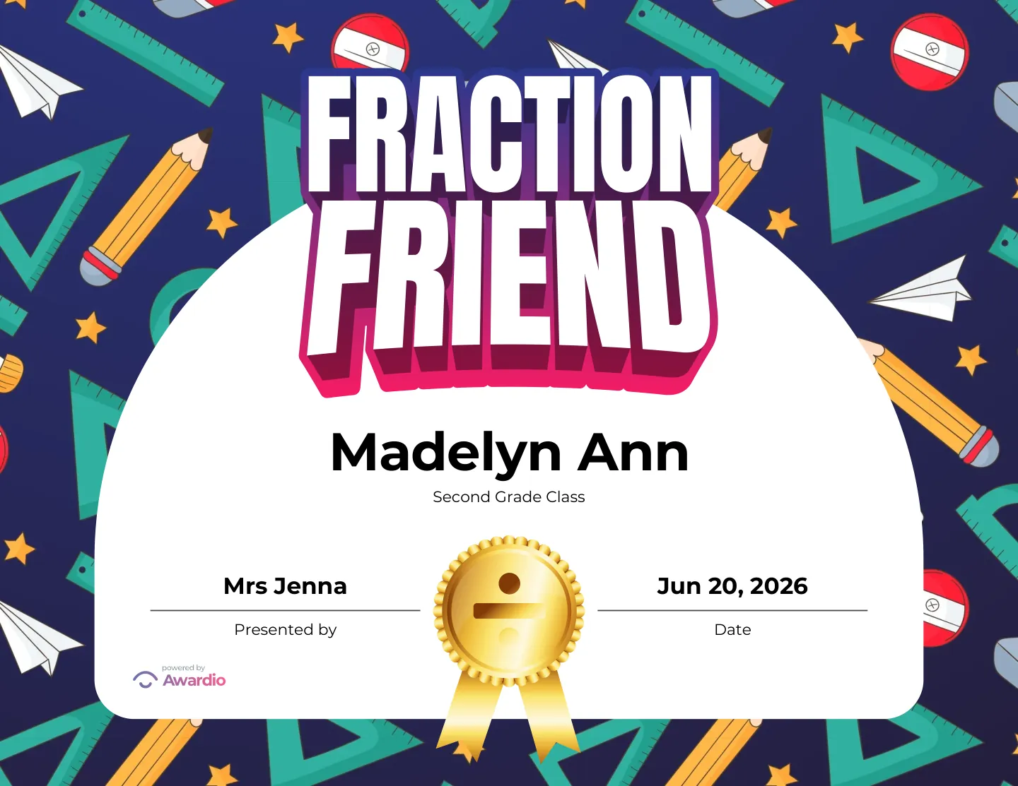Fraction Friend math award certificate, a printable award kids are proud to receive