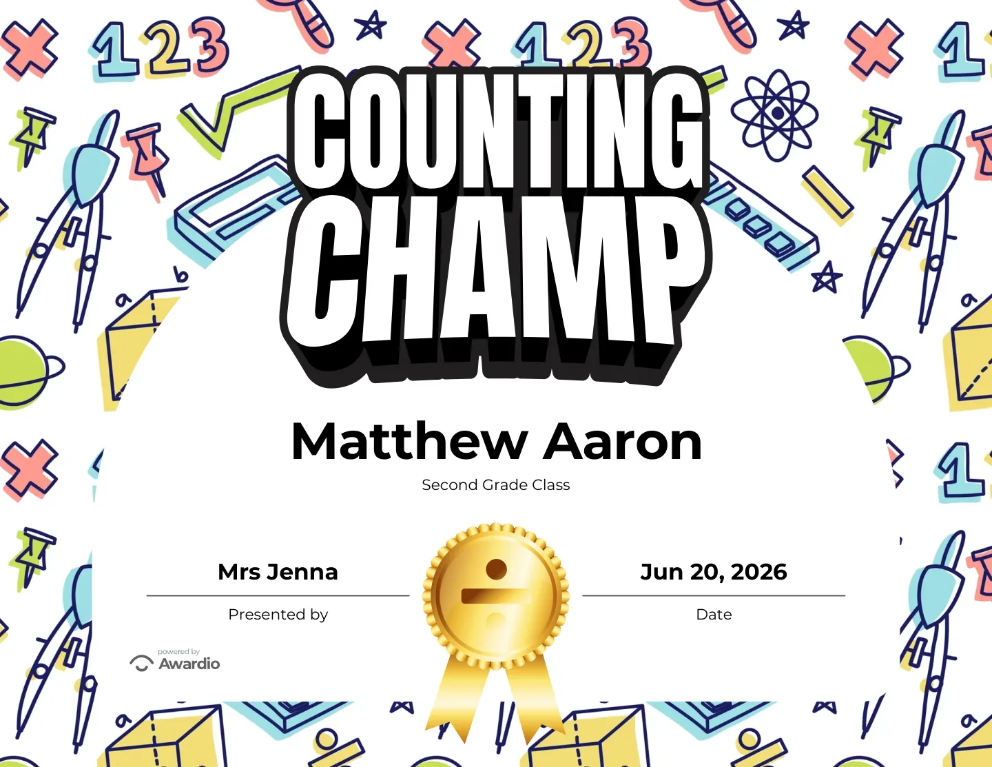 Counting Champ math award certificate as a digital keepsake for families