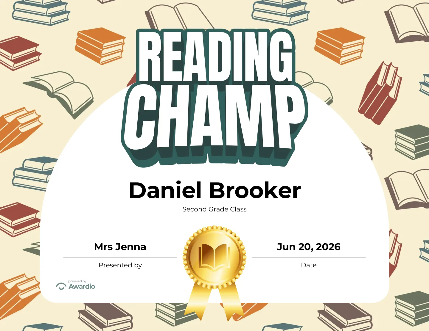 Reading Champ award certificate you can print or share digitally