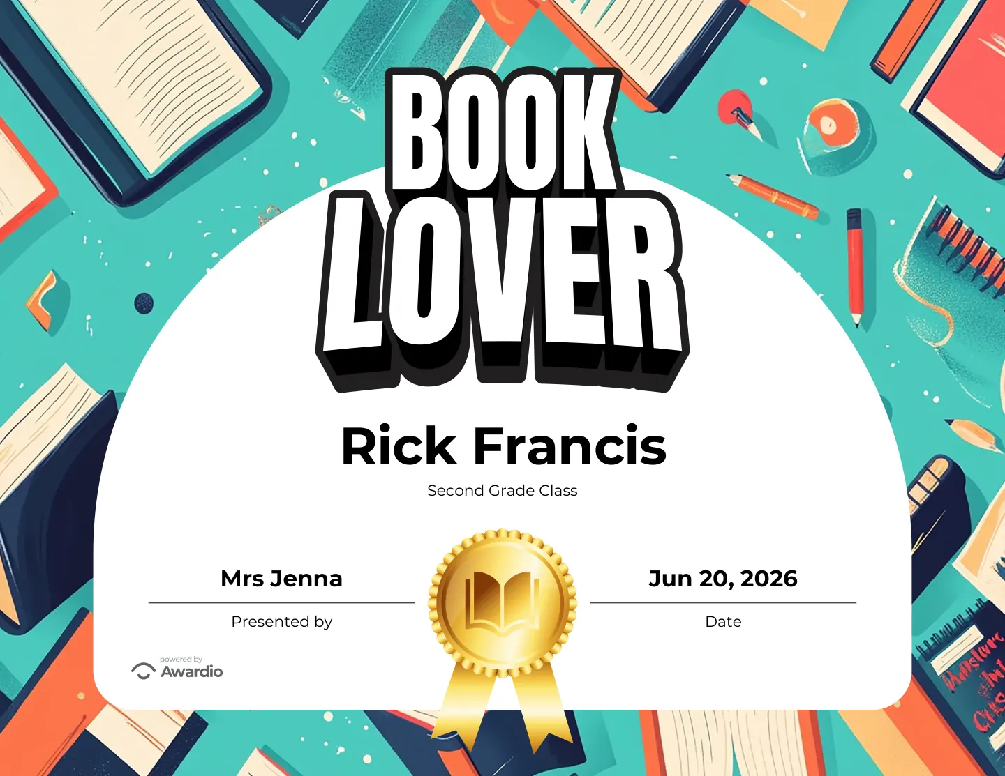 Book Lover reading award certificate, an award template for teachers and coaches