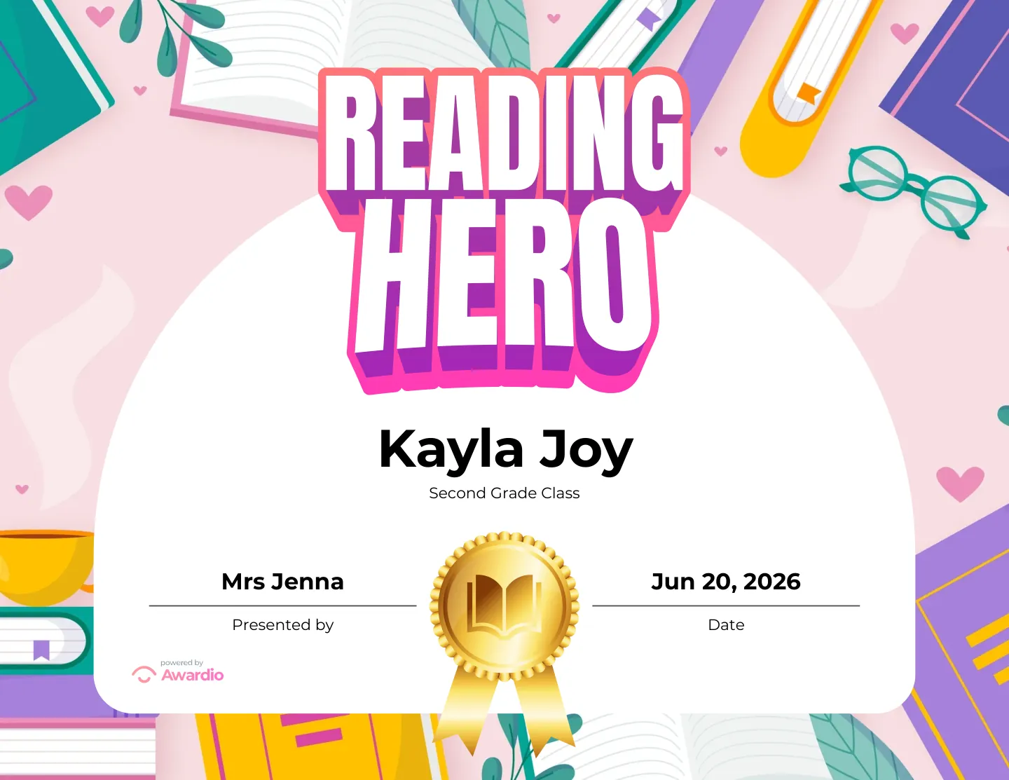 Reading Hero award certificate for the classroom or to send home to parents