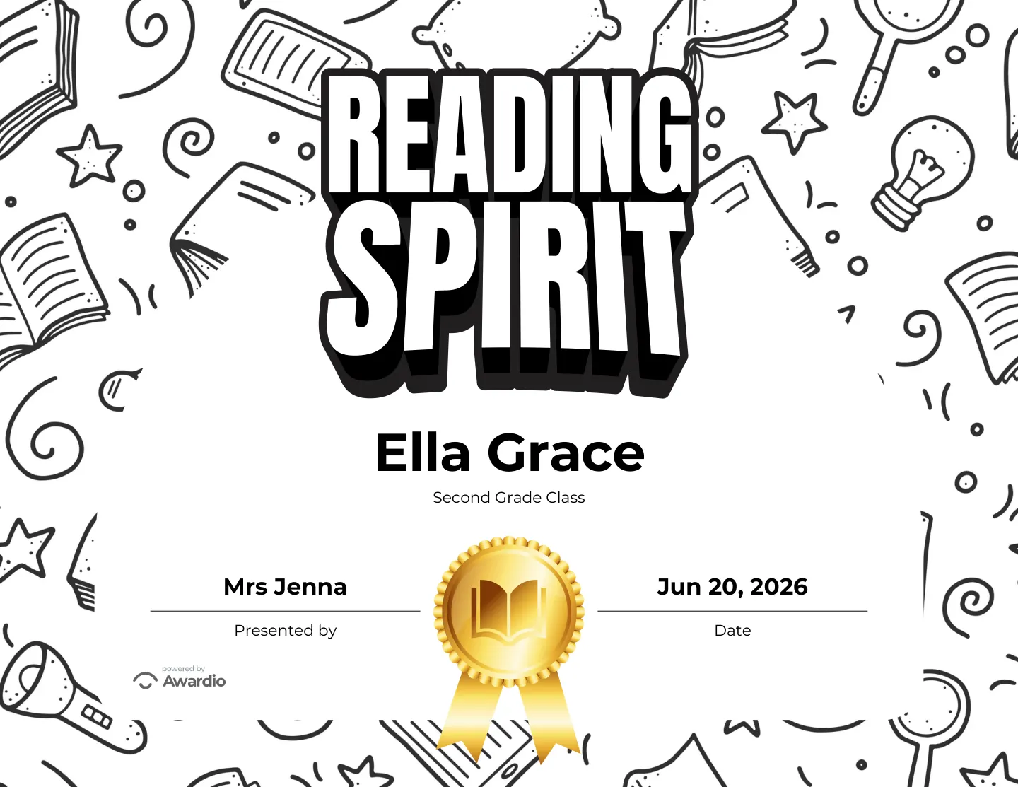 Reading Spirit award certificate made in seconds with the free Awardio app