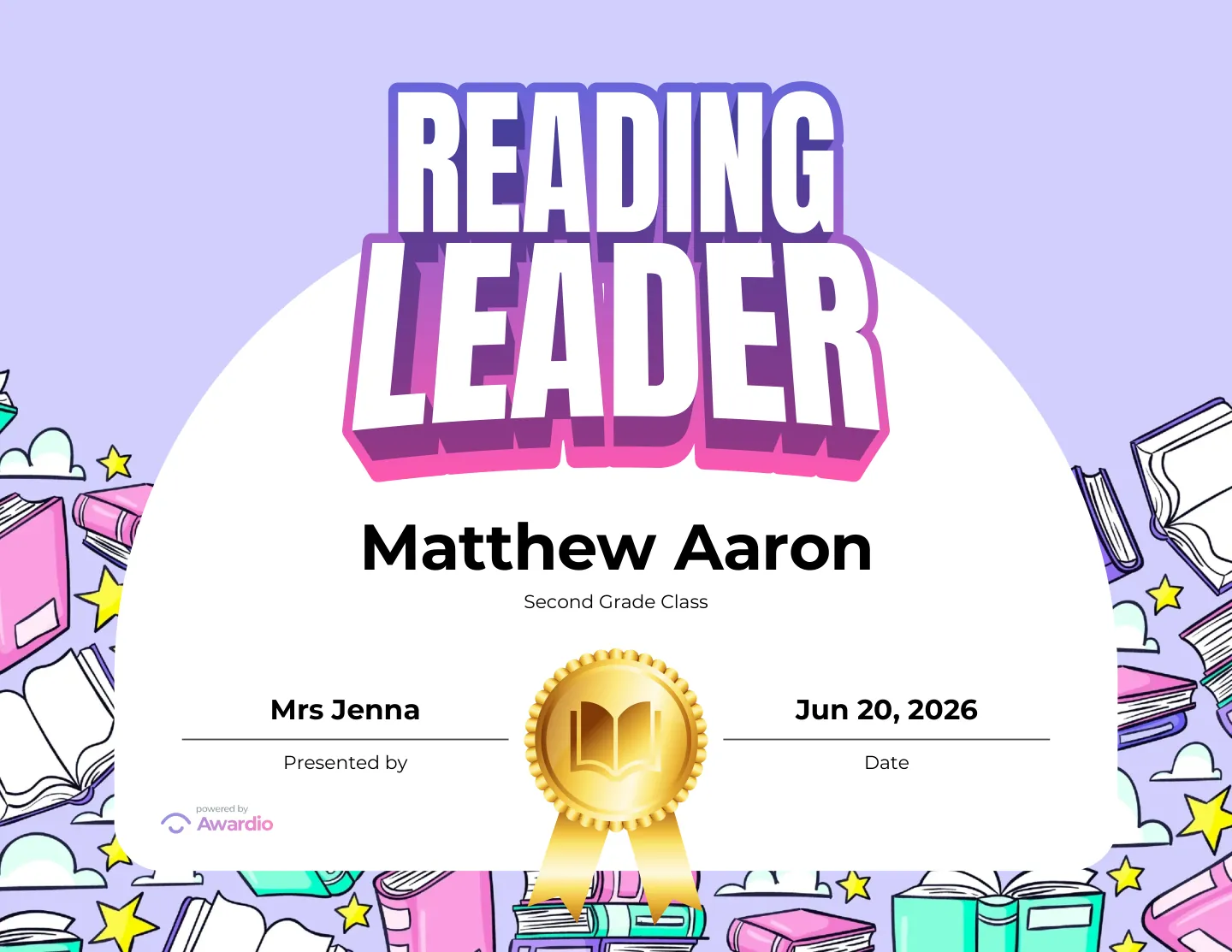 Reading Leader award certificate as a digital keepsake for families