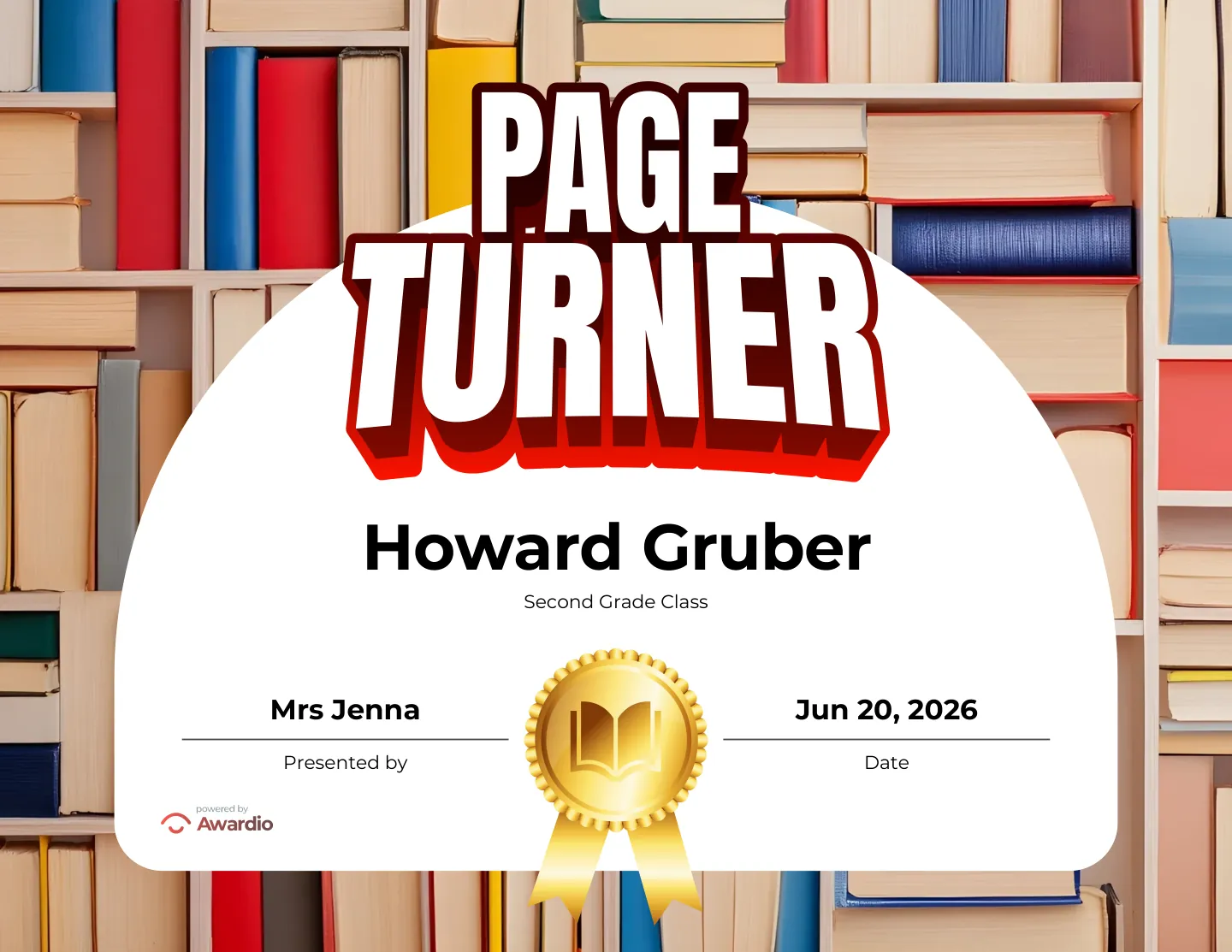 Page Turner reading award certificate, an editable certificate template