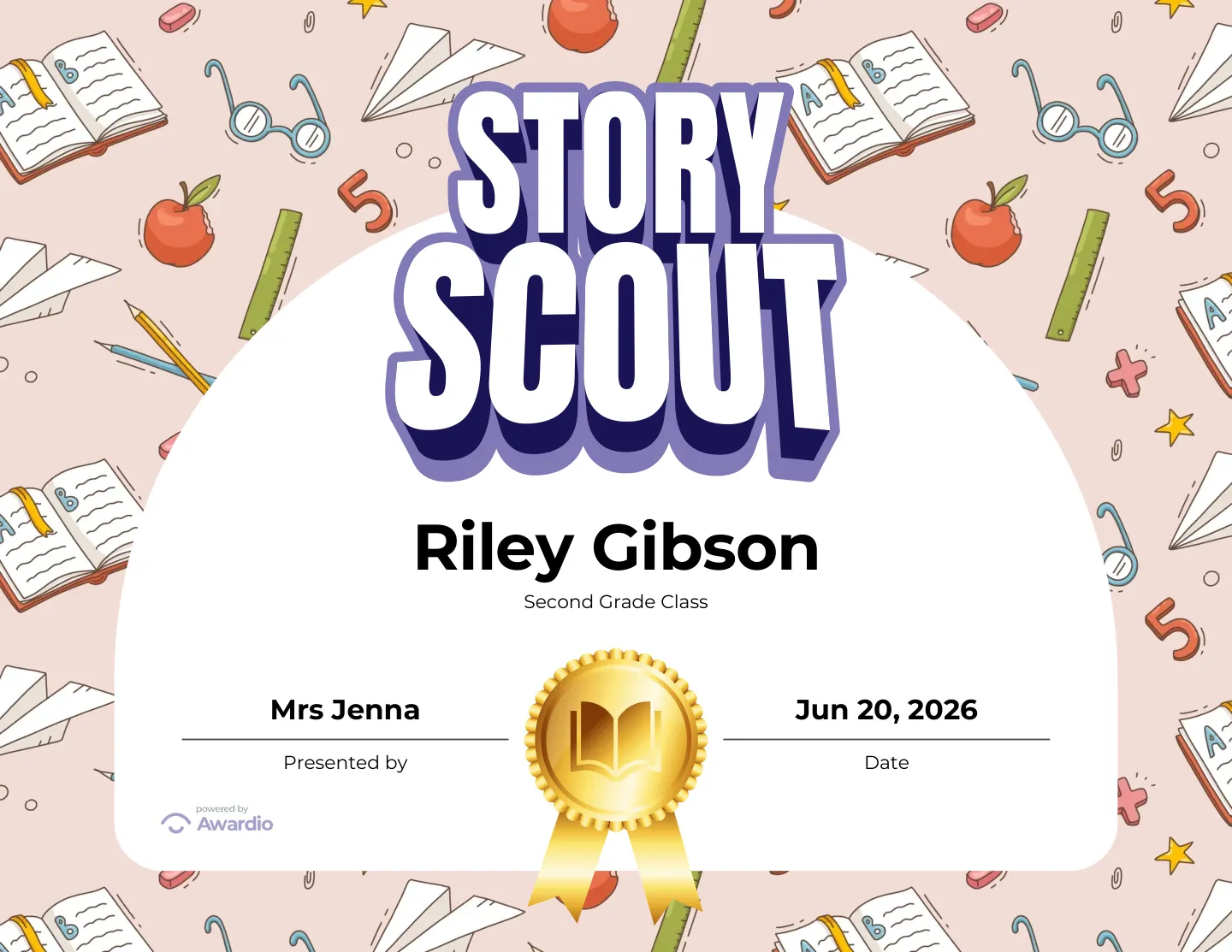 Story Scout reading award certificate to recognize a standout student