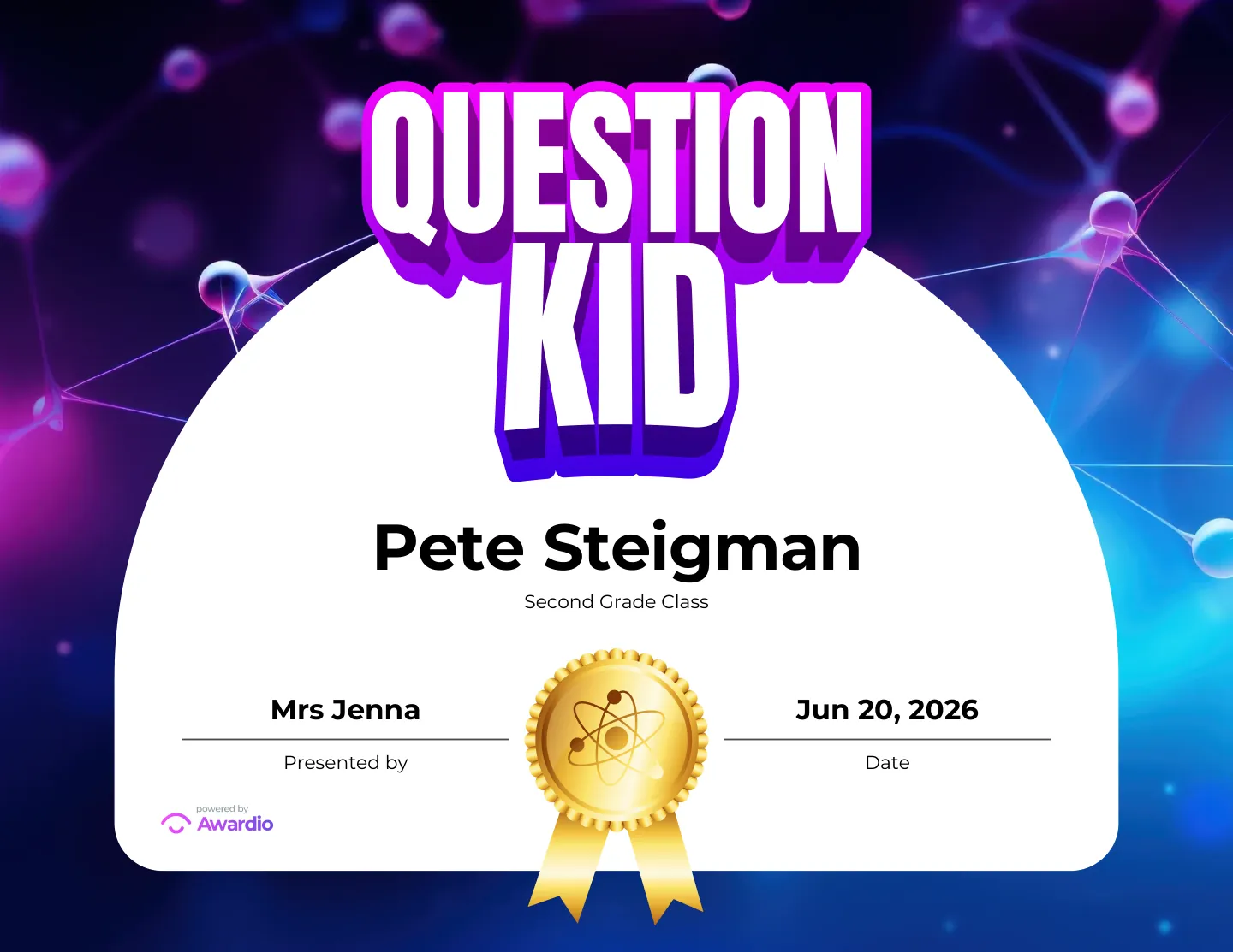 Question Kid science award certificate, a free customizable design