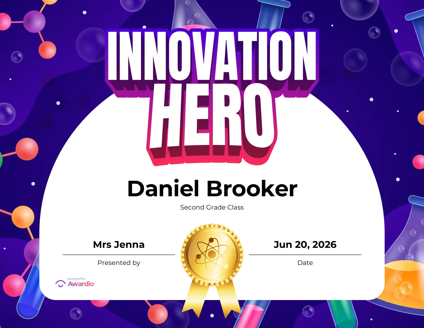 Innovation Hero science award certificate you can print or share digitally