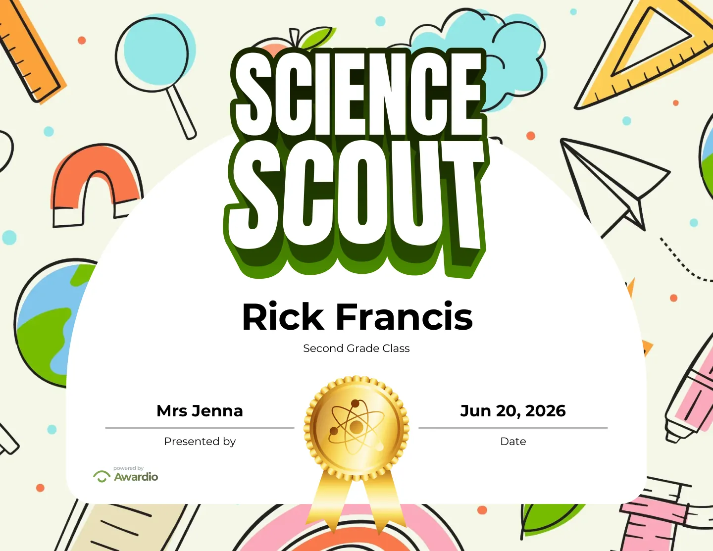 Science Scout award certificate, an award template for teachers and coaches