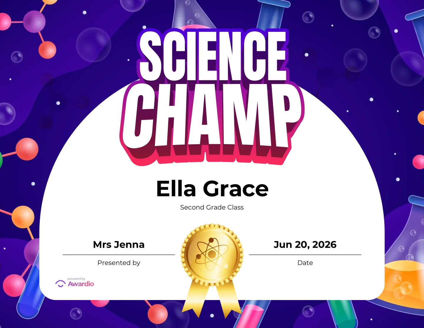 Science Champ award certificate made in seconds with the free Awardio app