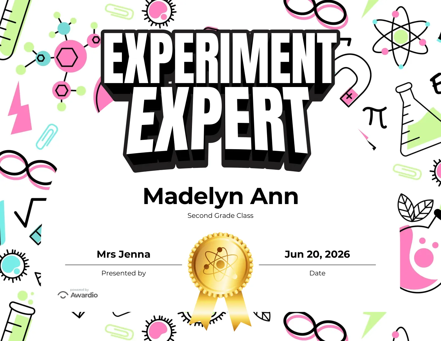 Experiment Expert science award certificate, a printable award kids are proud to receive