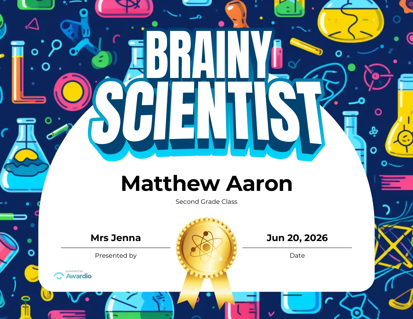 Brainy Scientist science award certificate as a digital keepsake for families