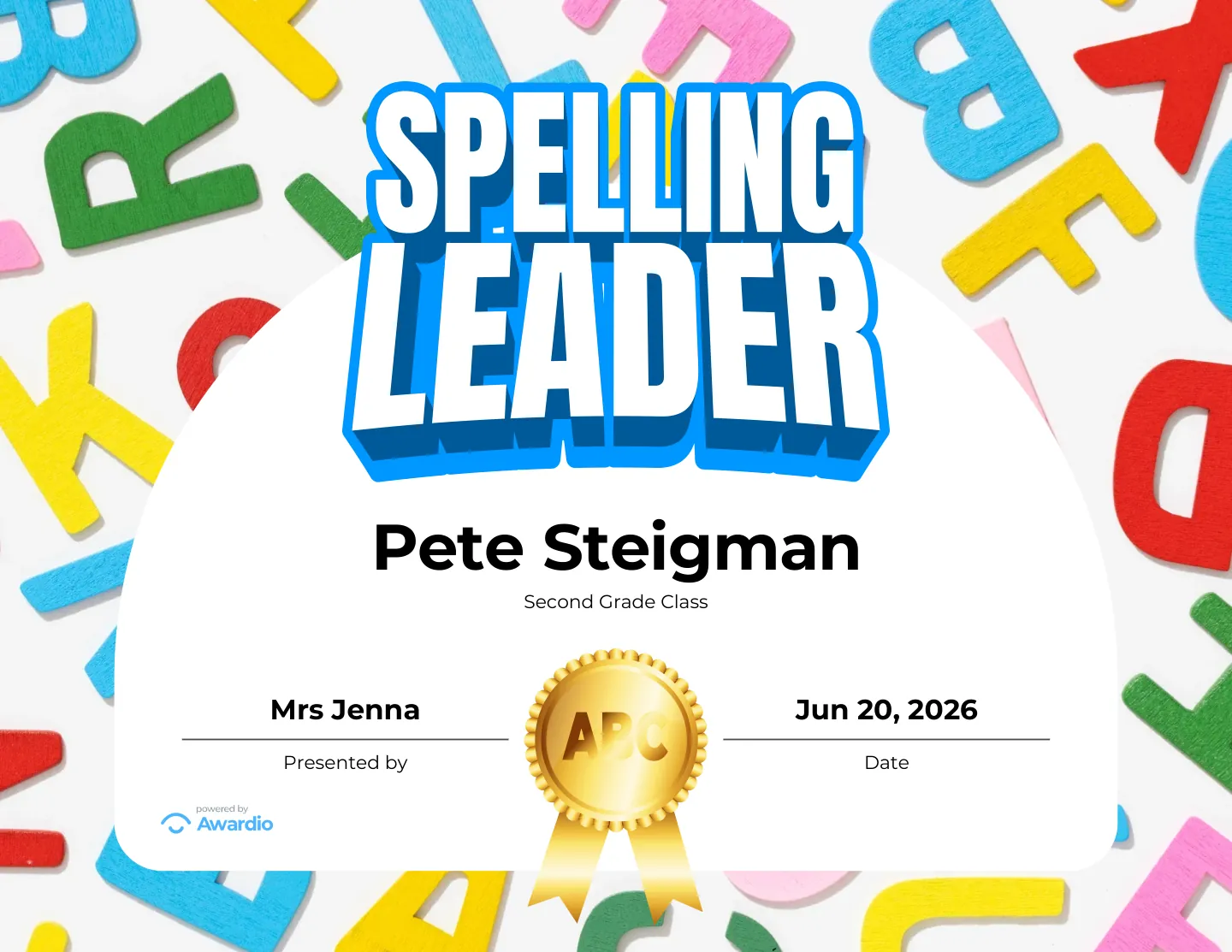 Spelling Leader award certificate, a free customizable design