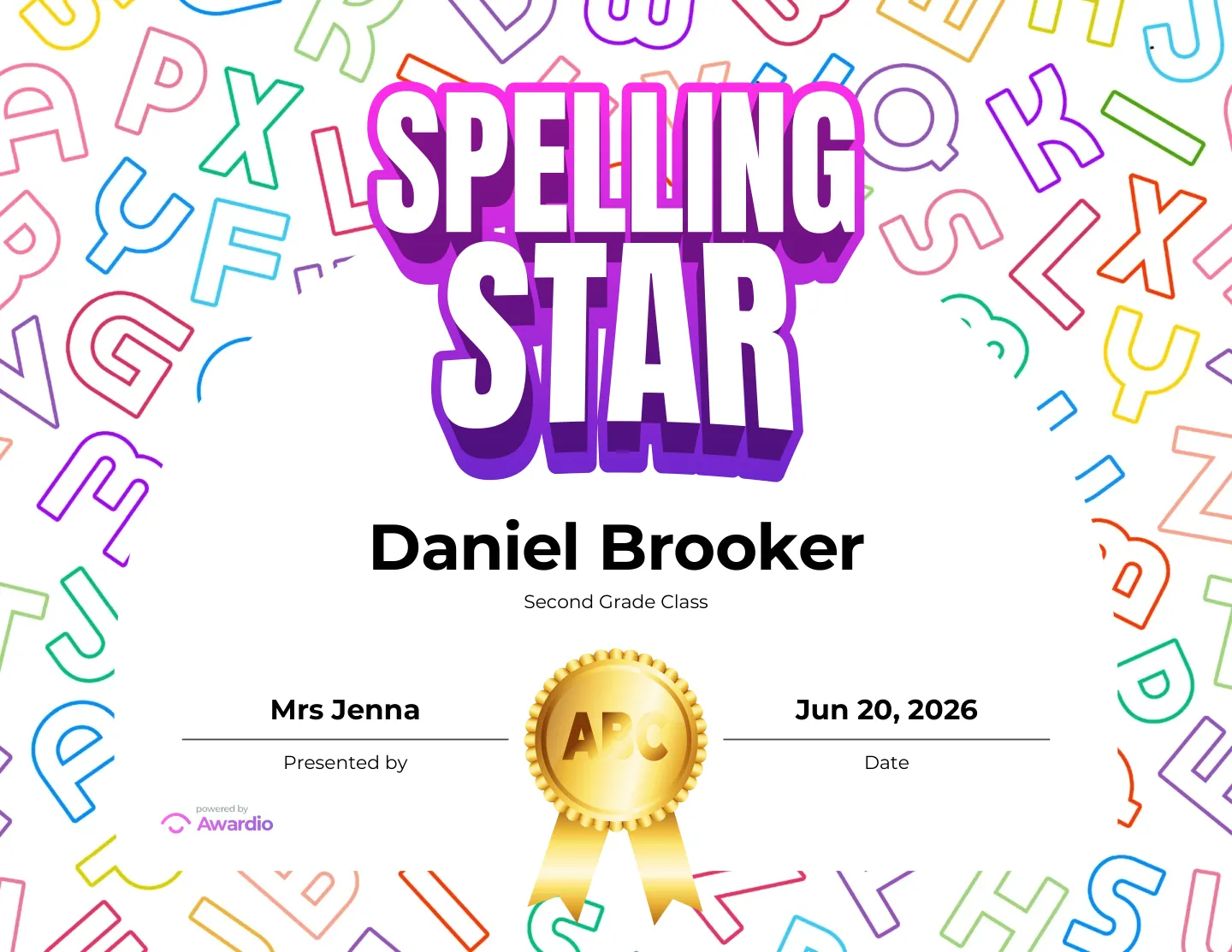 Spelling Star award certificate you can print or share digitally