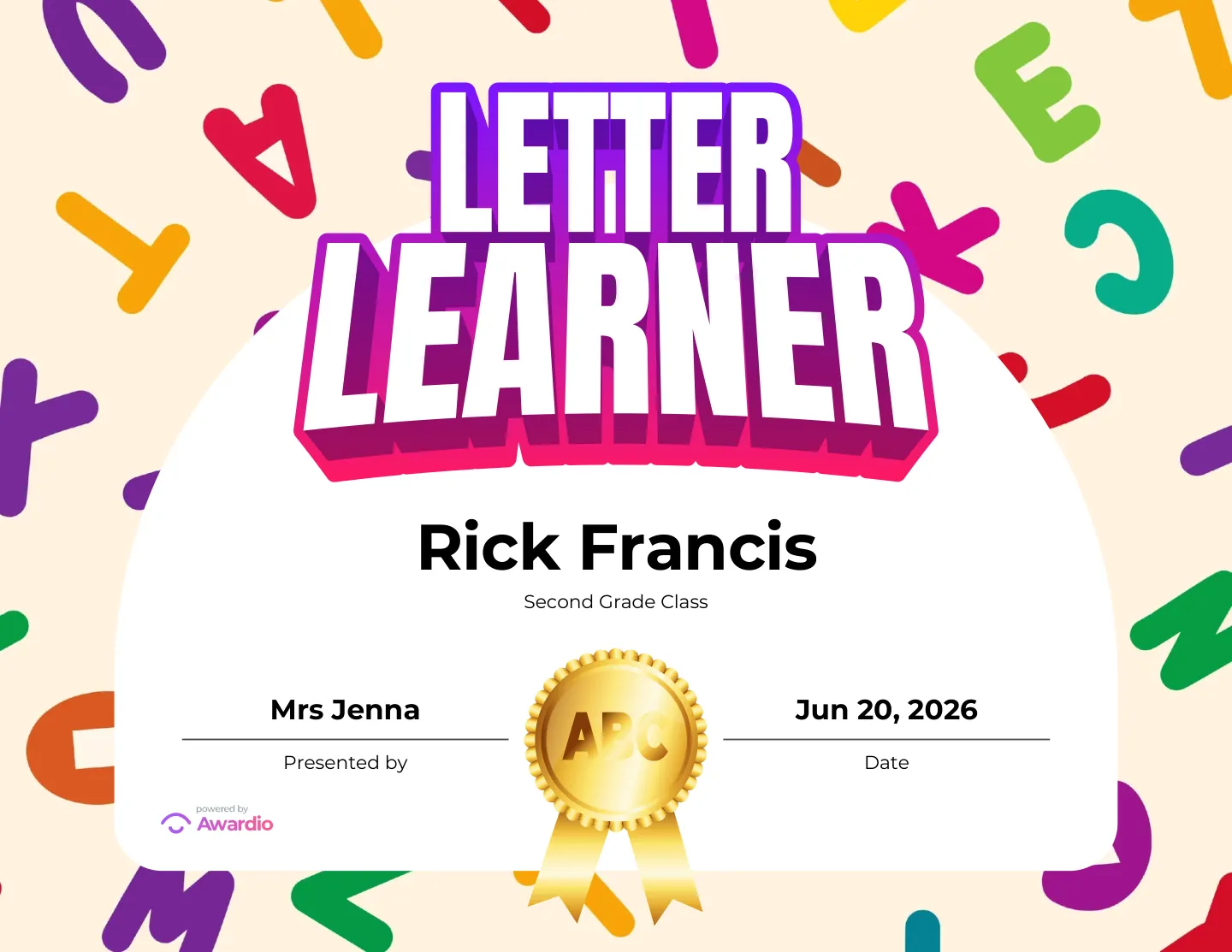 Letter Learner spelling award certificate, an award template for teachers and coaches
