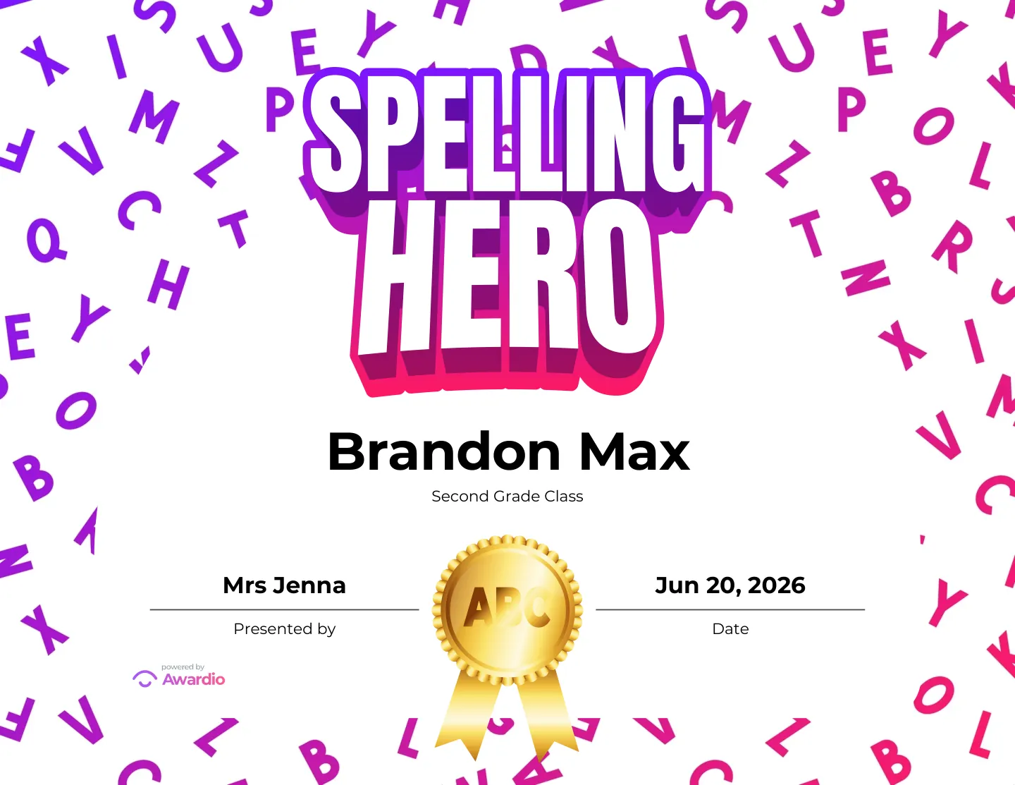 Spelling Hero award certificate you can personalize and print