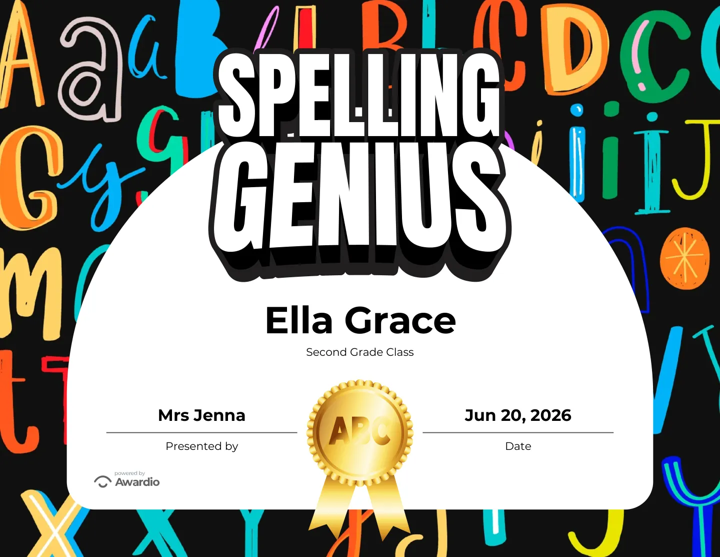 Spelling Genius award certificate made in seconds with the free Awardio app