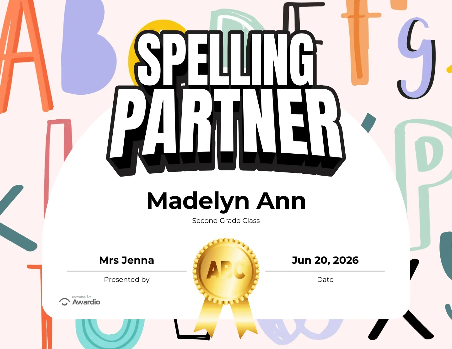 Spelling Partner award certificate, a printable award kids are proud to receive