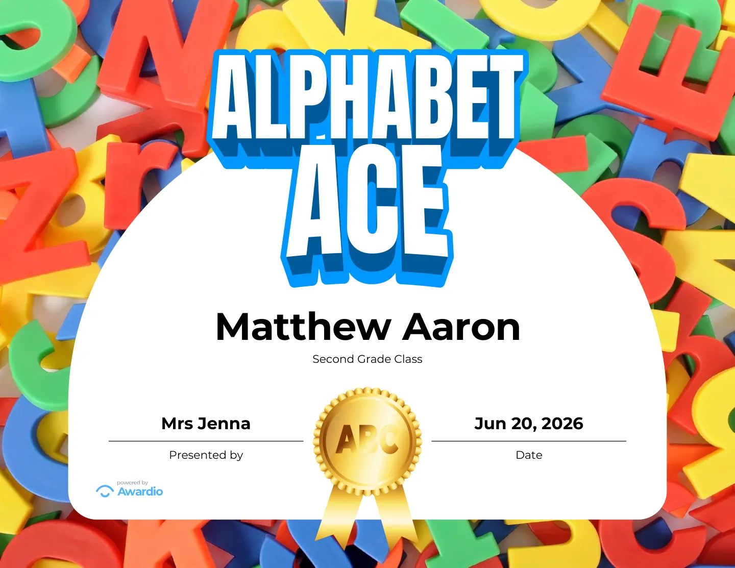 Alphabet Ace spelling award certificate as a digital keepsake for families