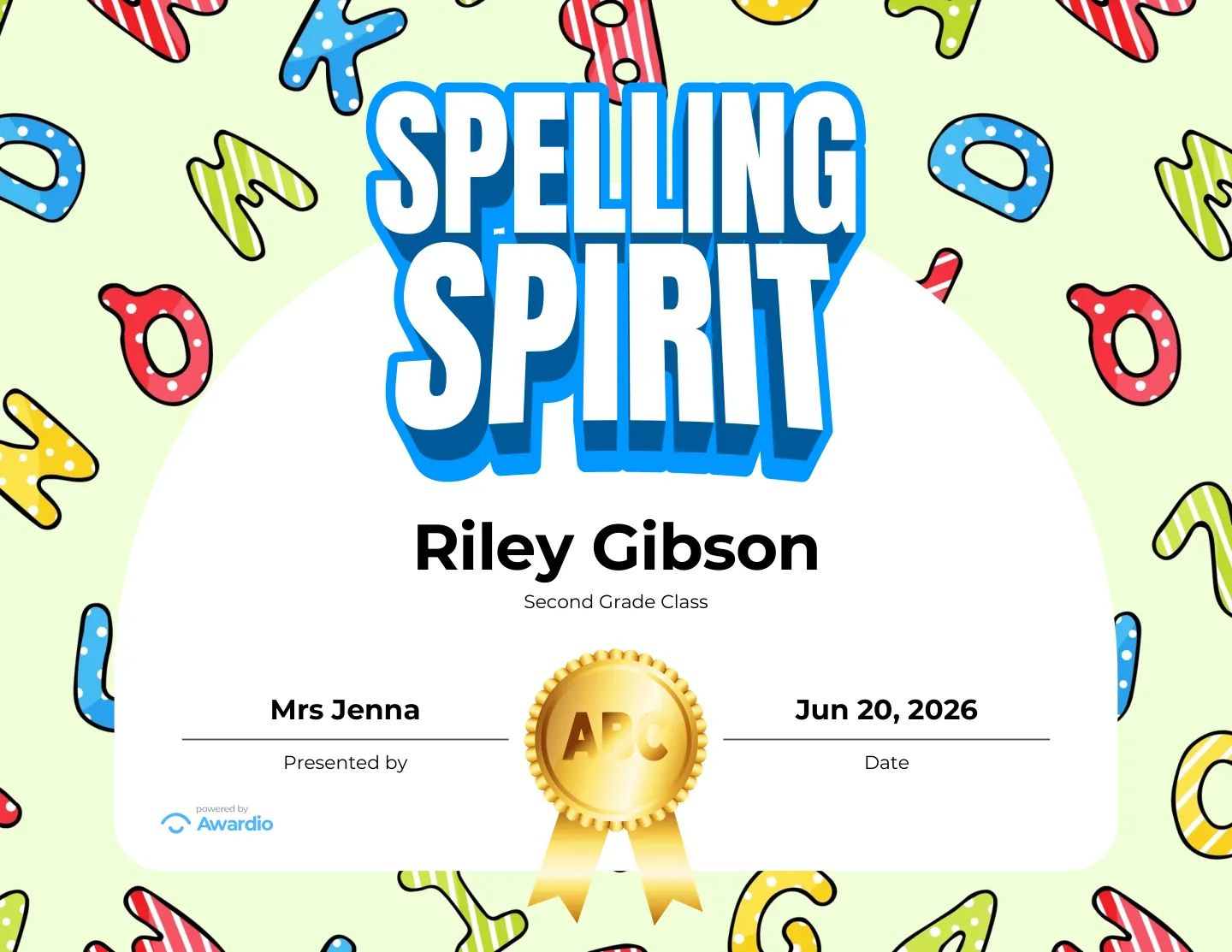Spelling Spirit award certificate to recognize a standout student