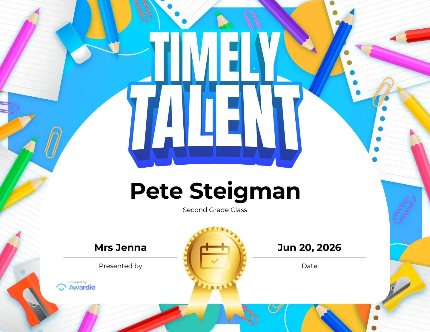 Timely Talent attendance certificate with a school-supplies theme