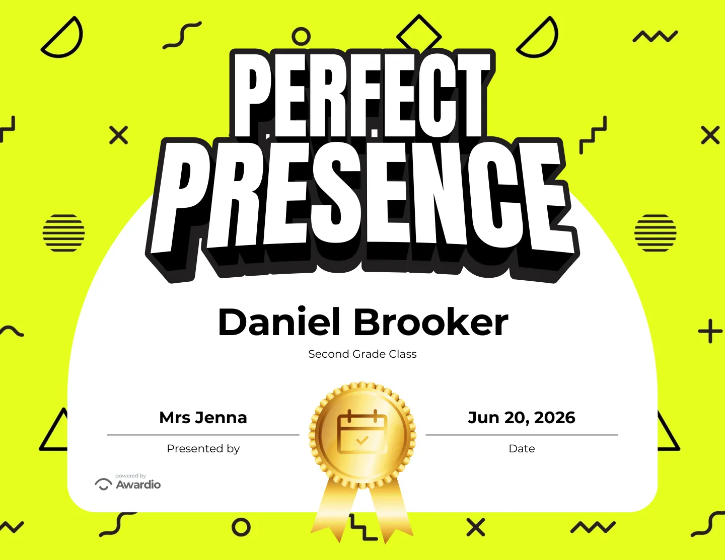 Perfect Presence perfect-attendance award on a bright yellow design