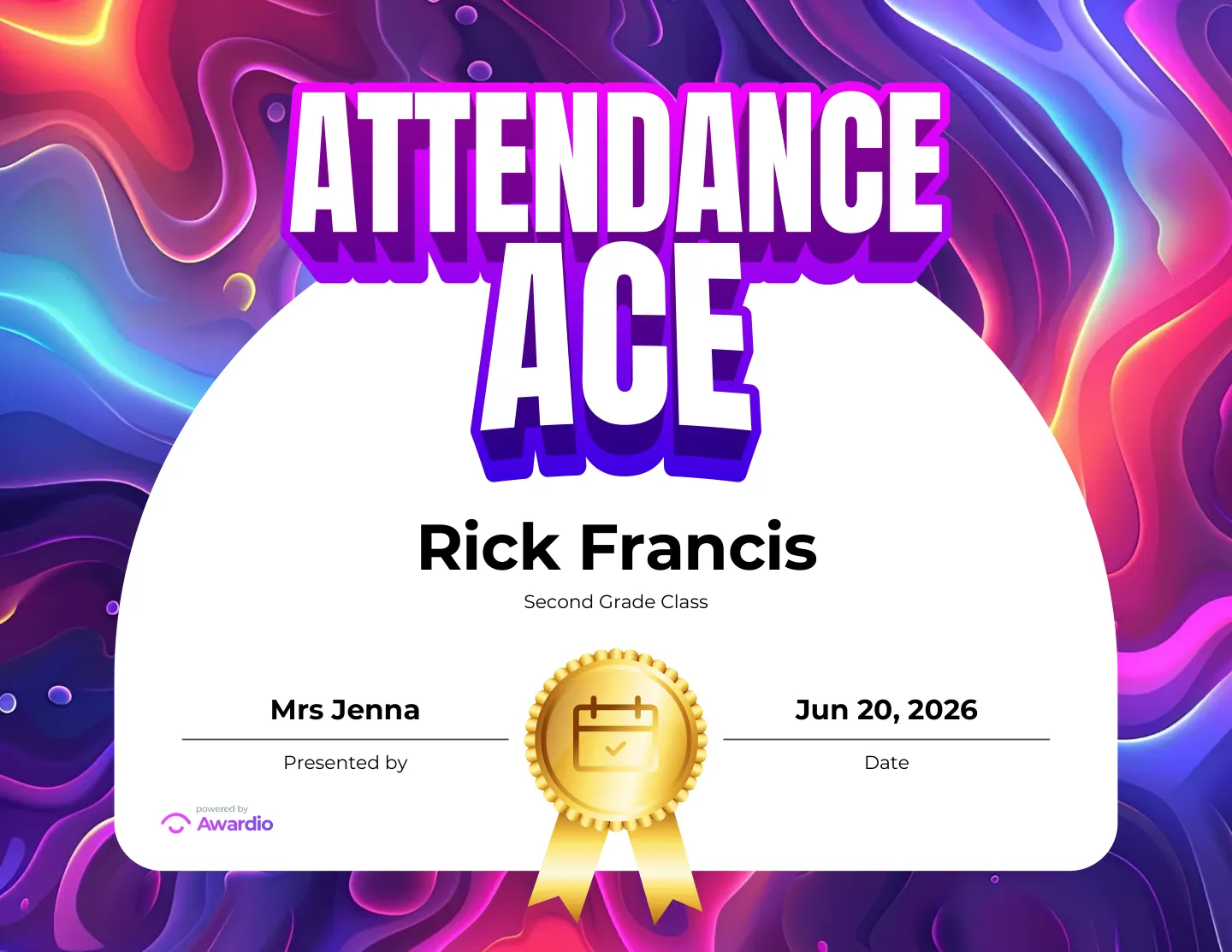 Attendance Ace printable attendance certificate on a colorful abstract background