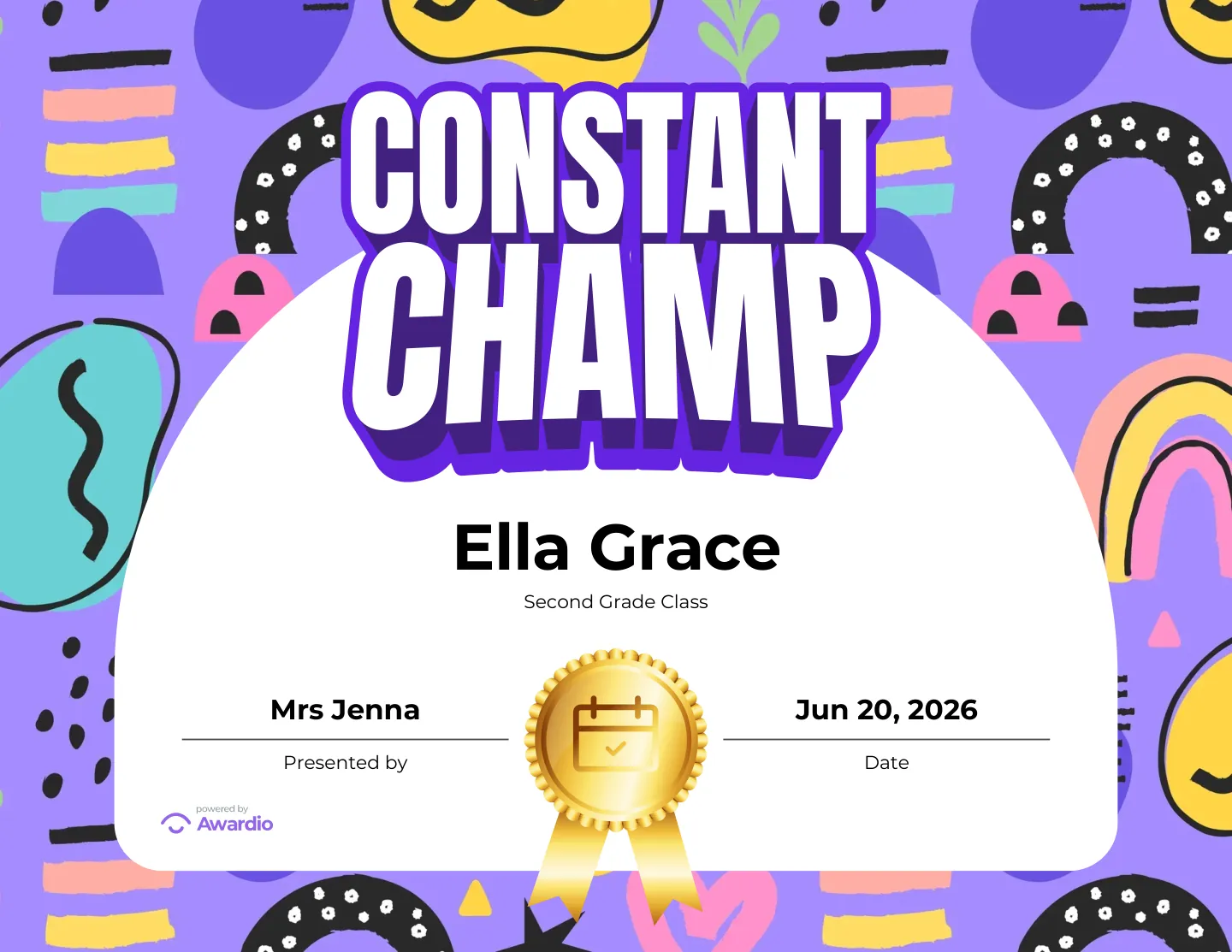 Constant Champ attendance award on a playful colorful background