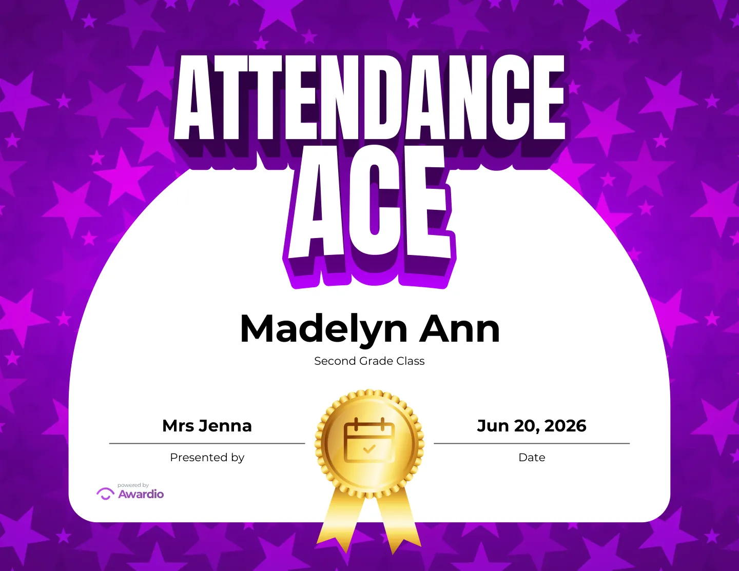 Attendance Ace certificate on a purple starry background