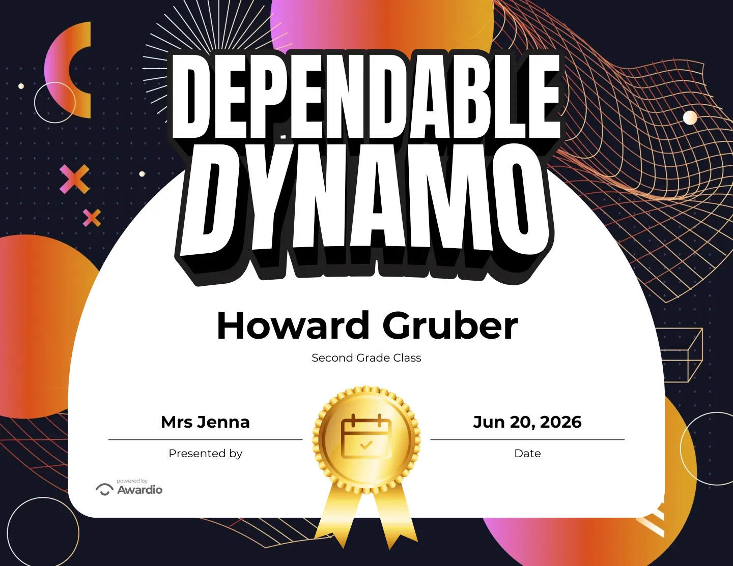 Dependable Dynamo attendance certificate for a dependable student