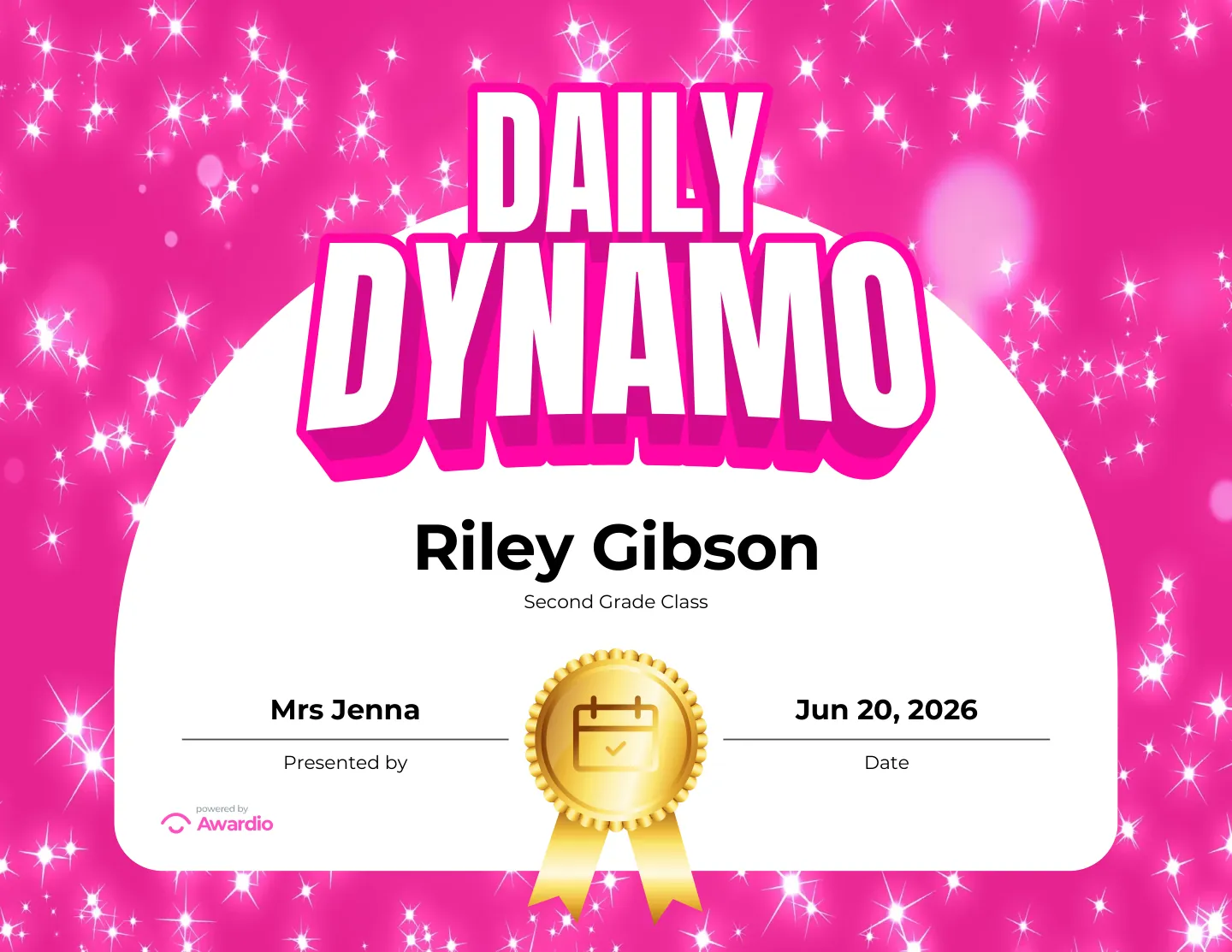 Daily Dynamo attendance award on a pink sparkle design
