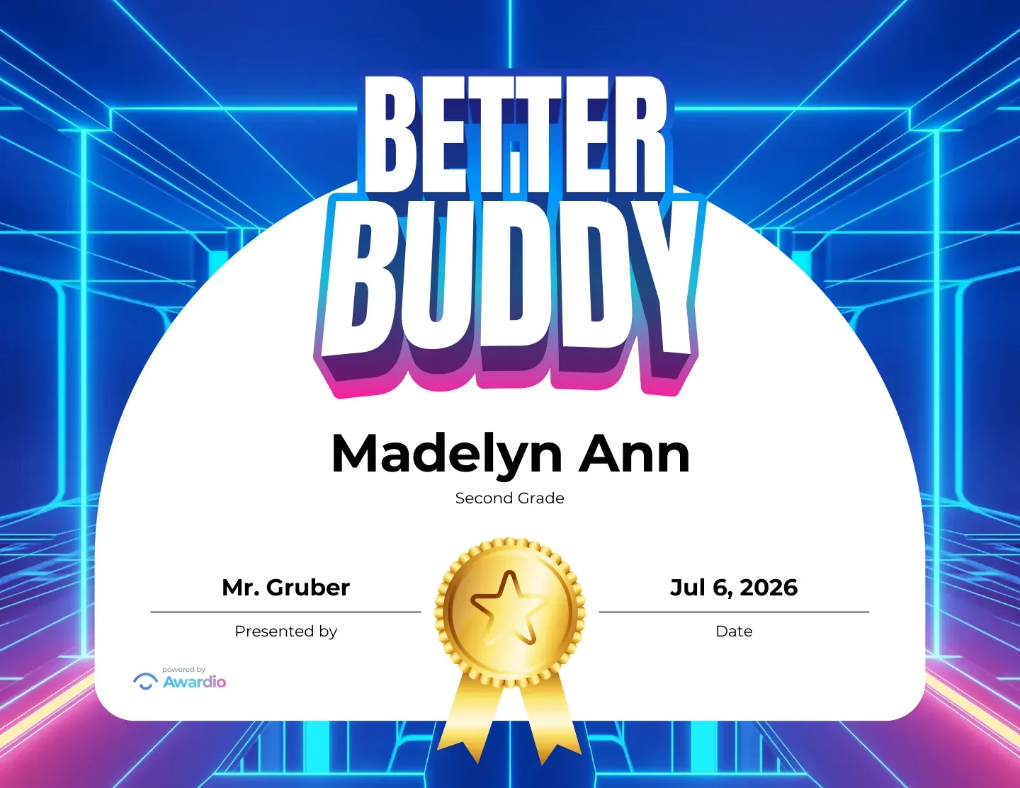 Better Buddy improvement certificate with a bright neon design