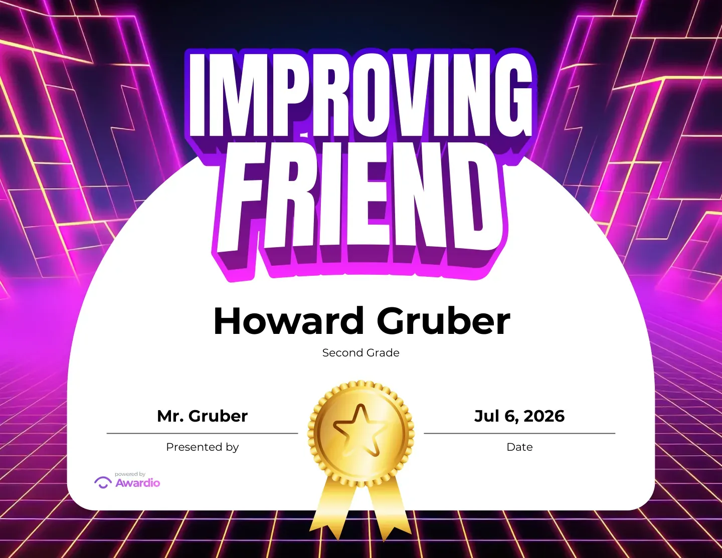 Improving Friend most-improved certificate on a pink neon design