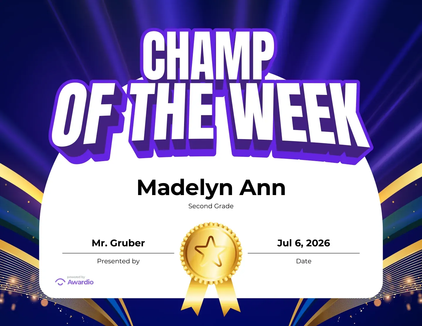 Champ of the Week student of the week award