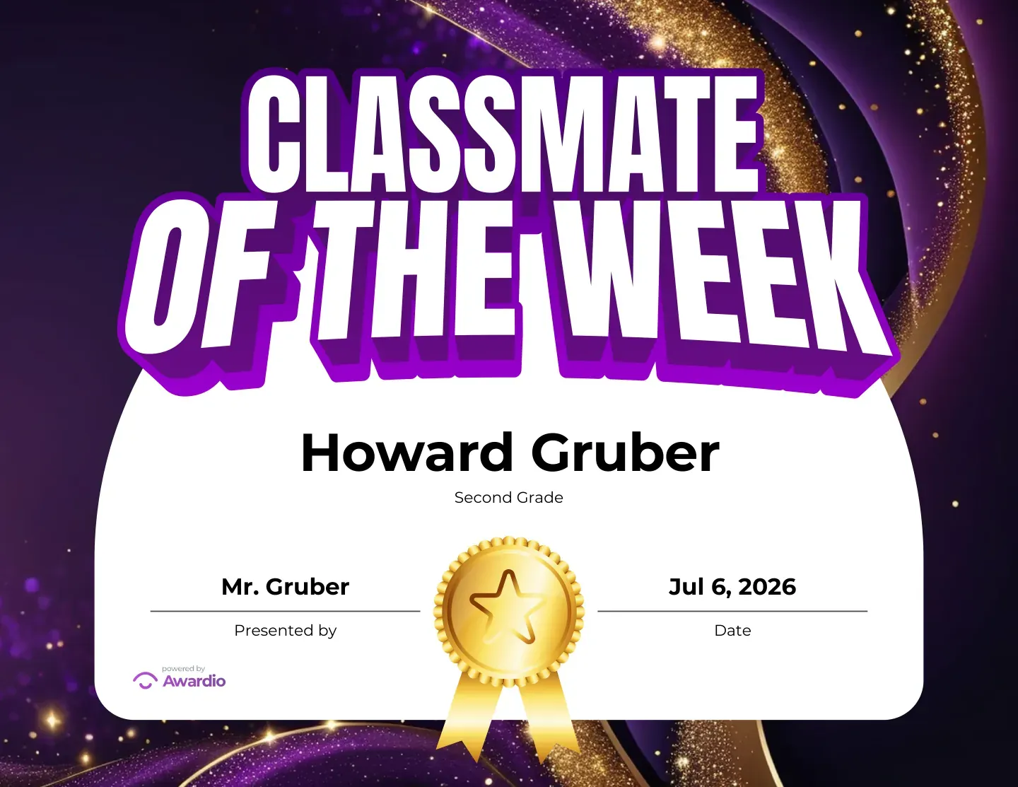 Classmate of the Week award celebrating a kind classmate
