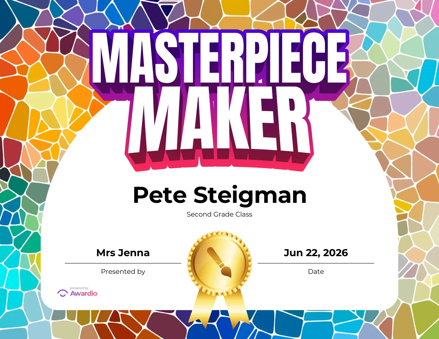 Masterpiece Maker certificate to reward a student's effort