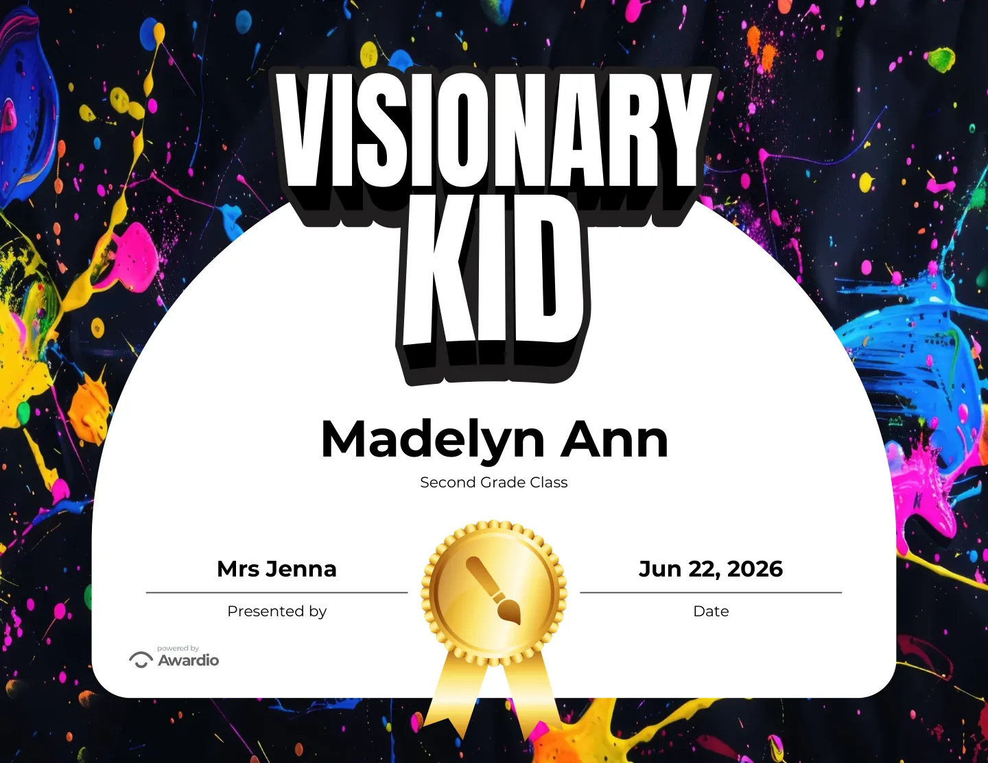 Visionary Kid certificate to reward a student's effort