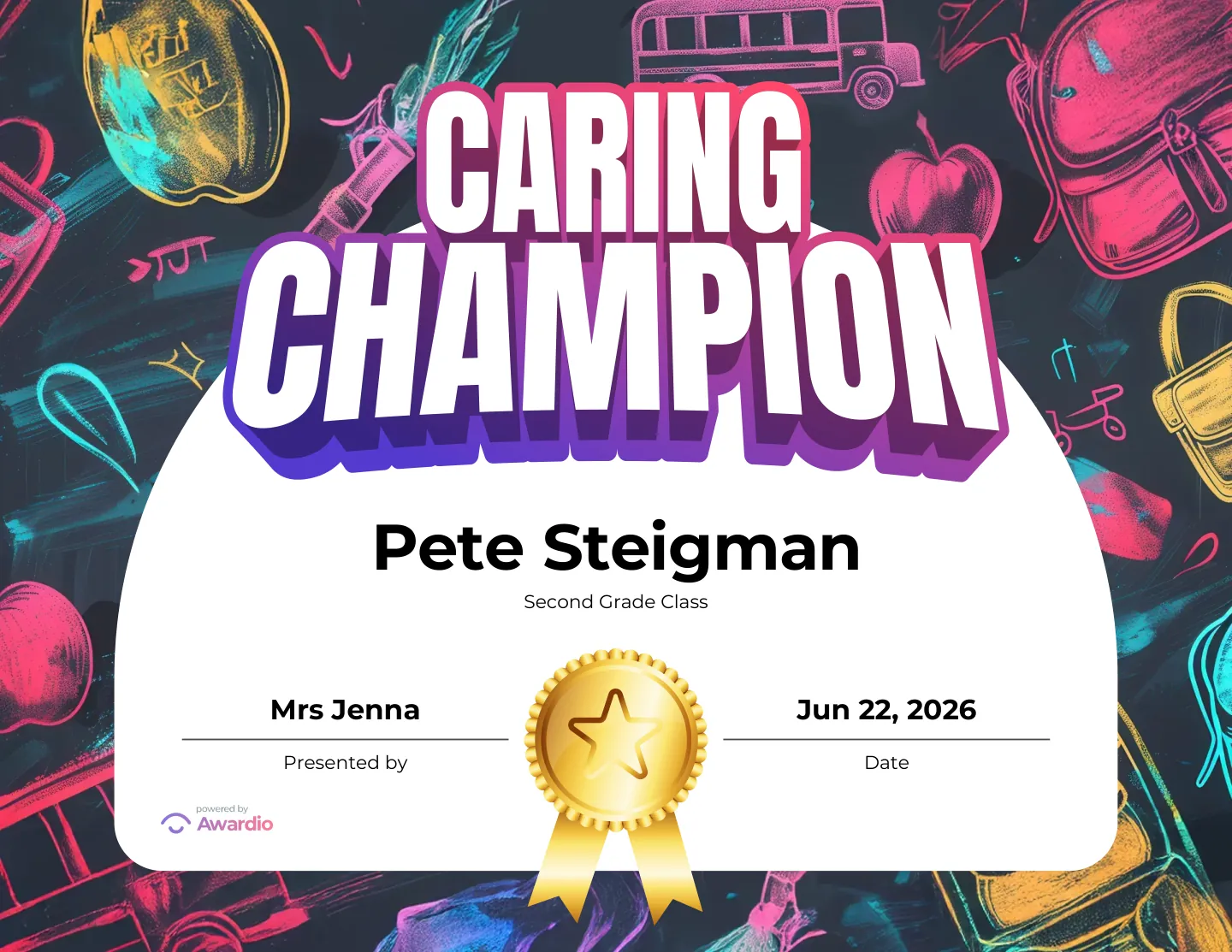 Caring Champion certificate to reward a student's effort